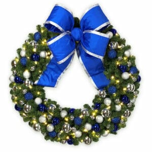 36" Silver and Blue Garland Bullpine Wreath with LED Lights