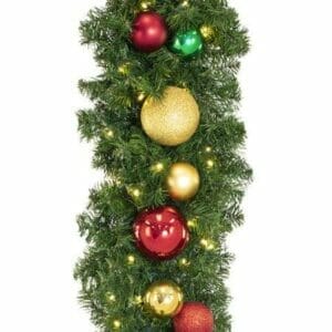 9' Taiga Evergreen® Garland With Red Green And Gold Ornaments And Warm White Lights