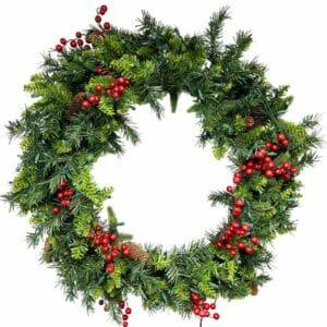 48" Taiga® Wreath With Red Berries And Pure White LED Lights