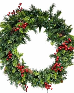 48" Taiga® Wreath With Red Berries And Pure White LED Lights