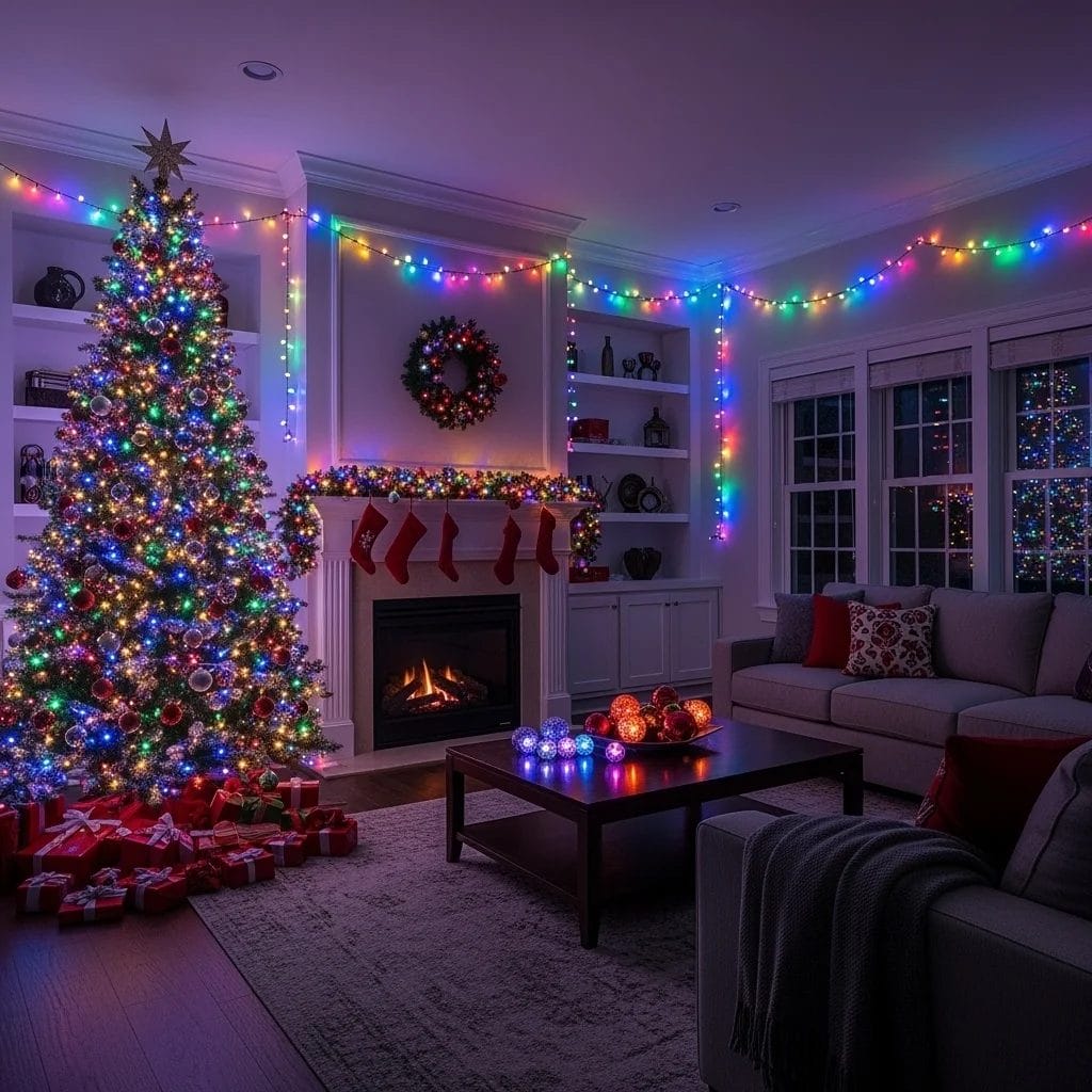 Commercial Christmas tree wrapped with RGB color-changing lights