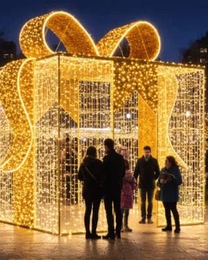 Giant illuminated gift box light display at night