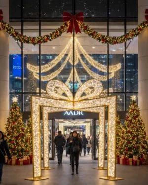 Festive mall entrance with illuminated gift arch