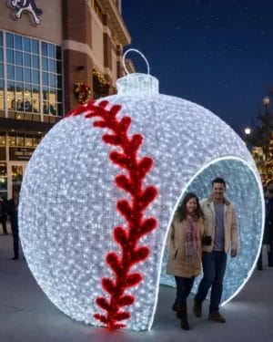 Couple walking through giant illuminated baseball ornament