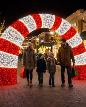 Family walking under giant illuminated candy cane arch