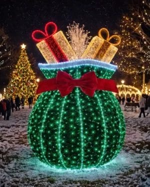 Glowing Christmas gift display in snowy park at night