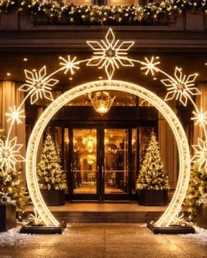 Illuminated holiday arch with snowflakes at hotel entrance