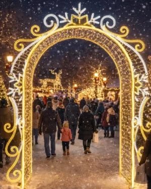 People walking through illuminated holiday arch in snowfall